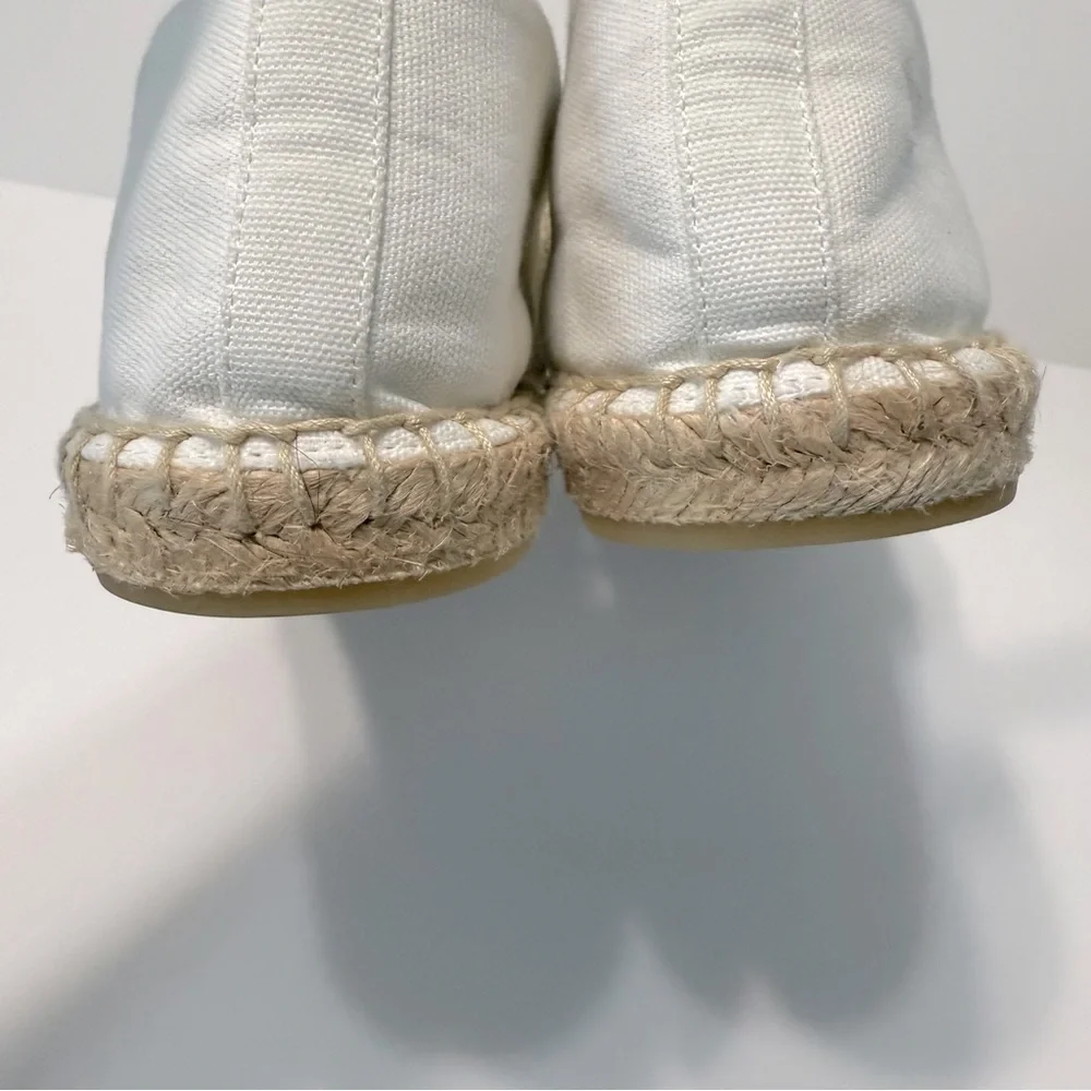 Tory Burch Ines Double T Canvas Espadrilles White Coastal Tan Flat Sz 10 Summer